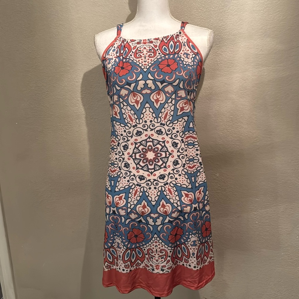 Cute sundress in stretchy slinky Orange Blue cream Mandala poly spandex New!